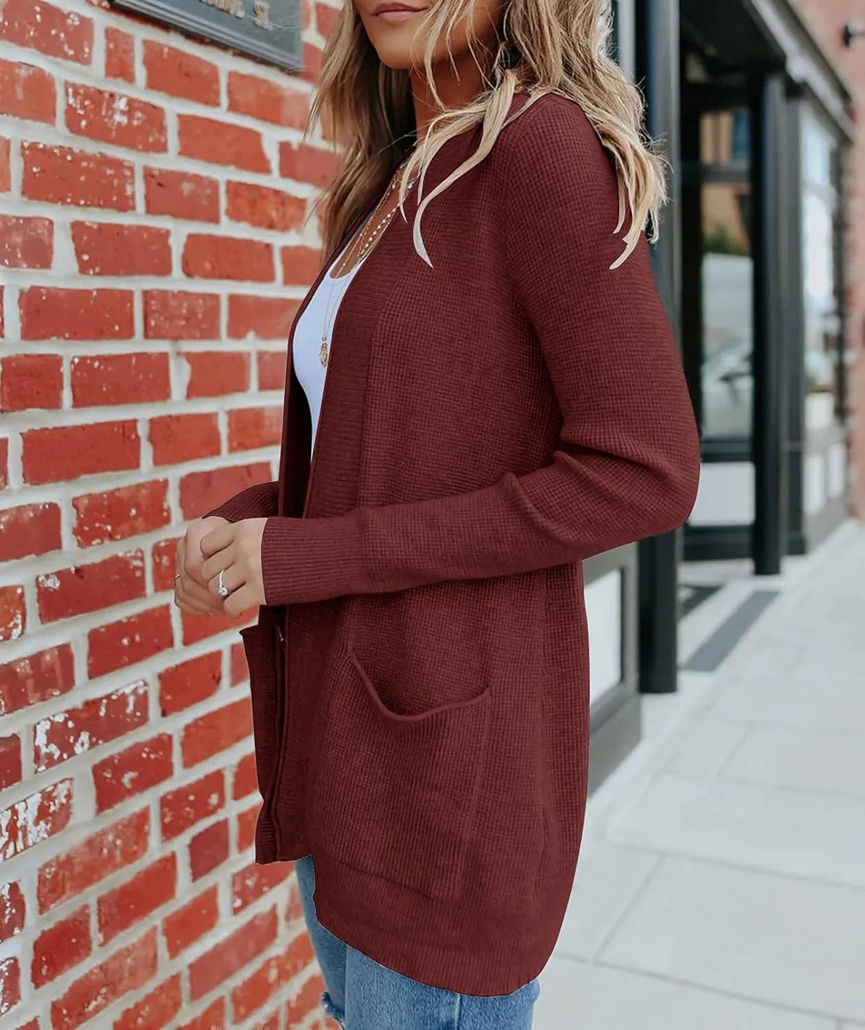 MEROKEETY Women's 2025 Fall Open Front Waffle Knit Cardigan Long Sleeve Cozy Knit Sweaters with Pockets
