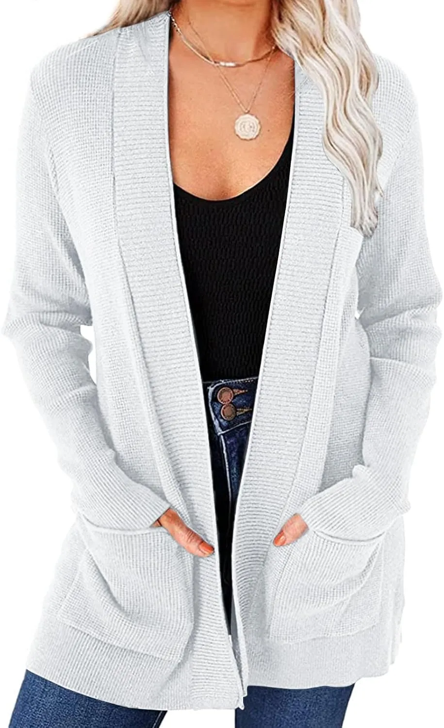 MEROKEETY Women's 2025 Fall Open Front Waffle Knit Cardigan Long Sleeve Cozy Knit Sweaters with Pockets