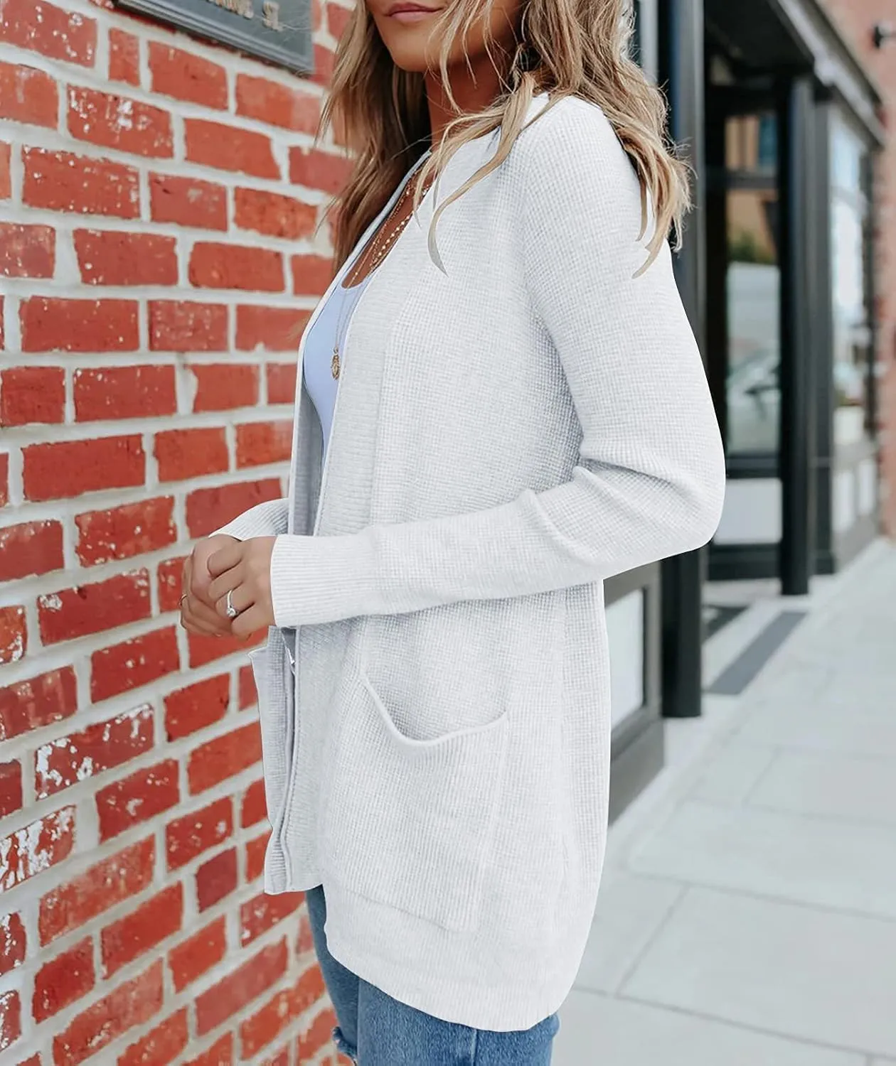 MEROKEETY Women's 2025 Fall Open Front Waffle Knit Cardigan Long Sleeve Cozy Knit Sweaters with Pockets