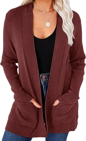MEROKEETY Women's 2025 Fall Open Front Waffle Knit Cardigan Long Sleeve Cozy Knit Sweaters with Pockets