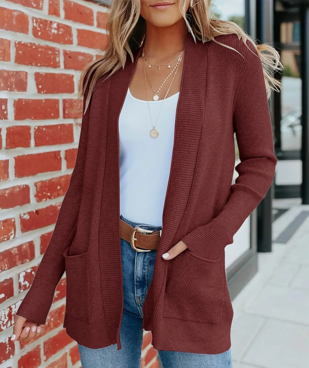 MEROKEETY Women's 2025 Fall Open Front Waffle Knit Cardigan Long Sleeve Cozy Knit Sweaters with Pockets