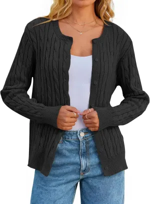MEROKEETY Women's Cable Knit Open Front Cardigan Sweaters Fall Long Sleeve Button Down Soft Outwear
