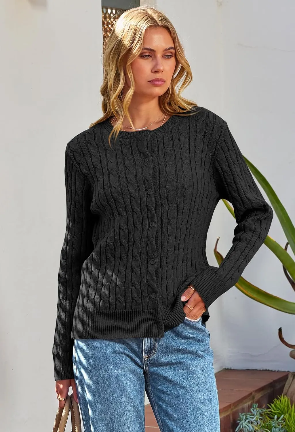 MEROKEETY Women's Cable Knit Open Front Cardigan Sweaters Fall Long Sleeve Button Down Soft Outwear