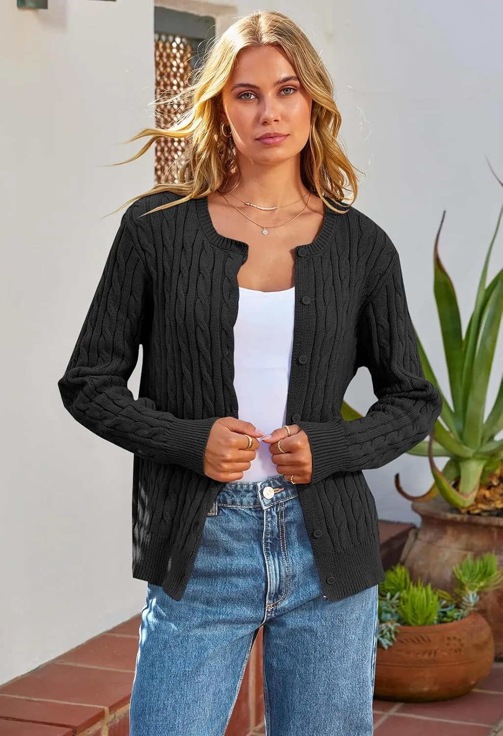 MEROKEETY Women's Cable Knit Open Front Cardigan Sweaters Fall Long Sleeve Button Down Soft Outwear