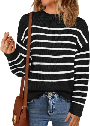 MEROKEETY Women's Fall Long Sleeve Striped Pullover Sweaters 2024 Trendy Turtleneck Casual Knit Tops