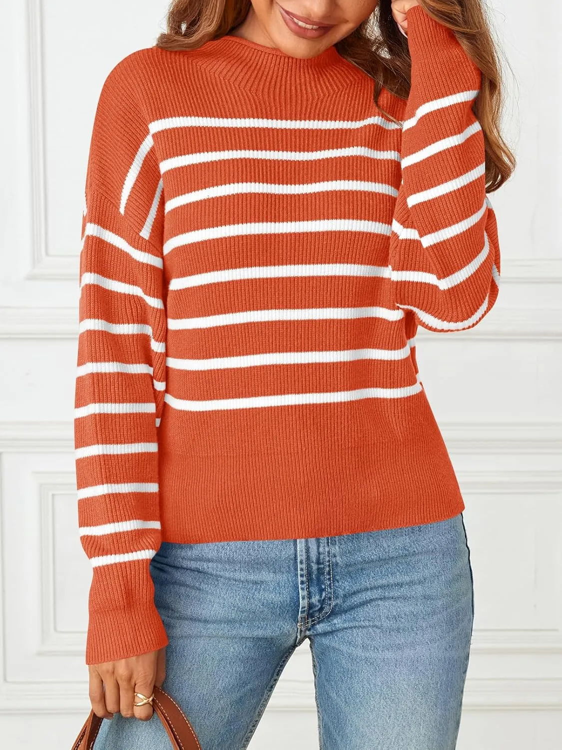 MEROKEETY Women's Fall Long Sleeve Striped Pullover Sweaters 2024 Trendy Turtleneck Casual Knit Tops