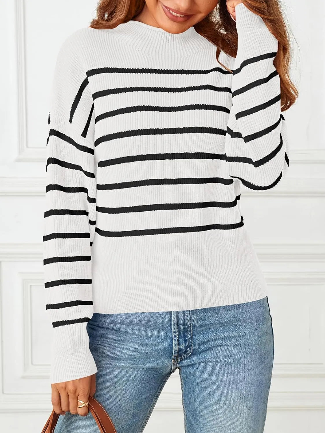 MEROKEETY Women's Fall Long Sleeve Striped Pullover Sweaters 2024 Trendy Turtleneck Casual Knit Tops