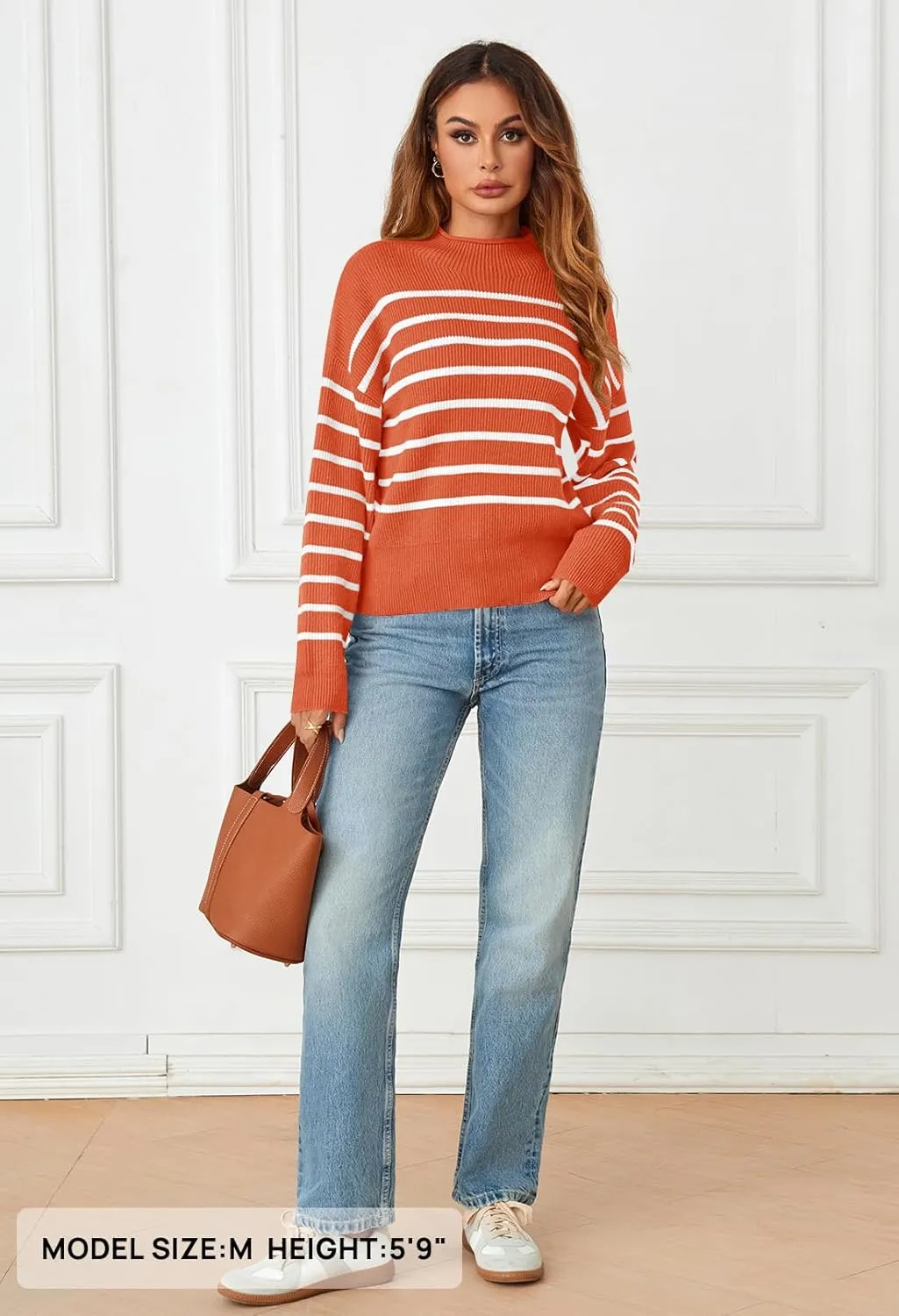 MEROKEETY Women's Fall Long Sleeve Striped Pullover Sweaters 2024 Trendy Turtleneck Casual Knit Tops