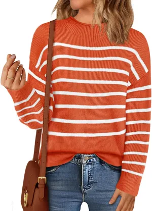 MEROKEETY Women's Fall Long Sleeve Striped Pullover Sweaters 2024 Trendy Turtleneck Casual Knit Tops