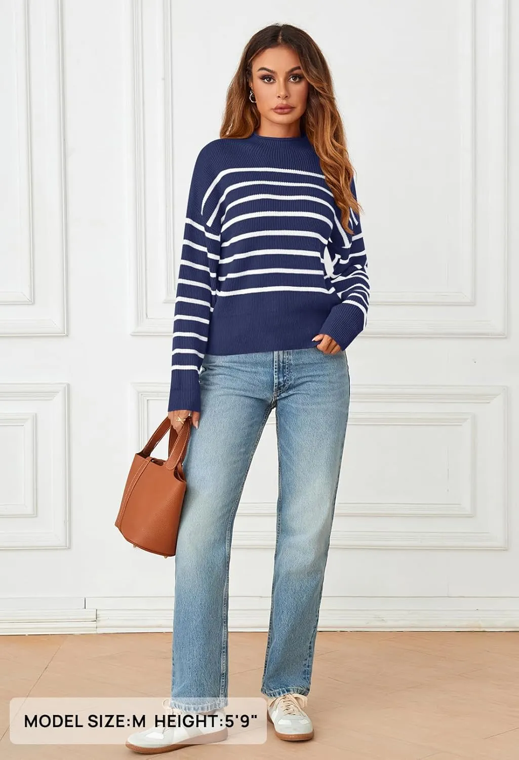 MEROKEETY Women's Fall Long Sleeve Striped Pullover Sweaters 2024 Trendy Turtleneck Casual Knit Tops