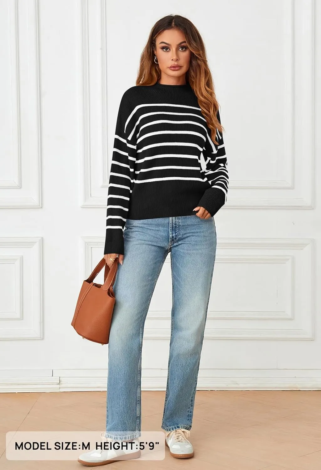 MEROKEETY Women's Fall Long Sleeve Striped Pullover Sweaters 2024 Trendy Turtleneck Casual Knit Tops
