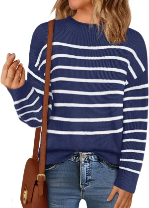 MEROKEETY Women's Fall Long Sleeve Striped Pullover Sweaters 2024 Trendy Turtleneck Casual Knit Tops