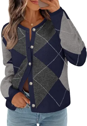 MEROKEETY Women's Long Sleeve Cardigan Sweaters 2024 Trendy Open Front Checkered Knit Button Up Jackets