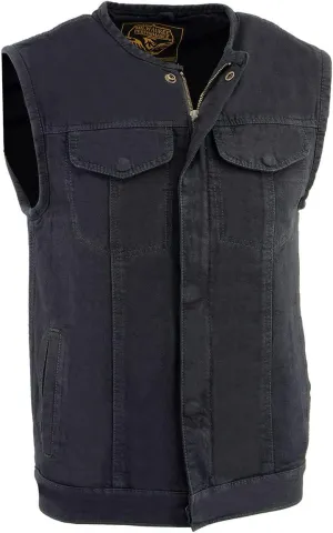 Milwaukee Leather MDM3001 Men's 'Covert' Black Denim Collarless Club Style Motorcycle Biker Vest w/Dual Closure