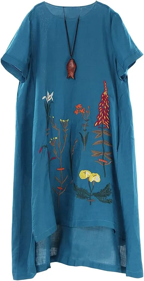Minibee Women's Embroidered Linen Dress Summer A-Line Sundress Hi Low Tunic Clothing