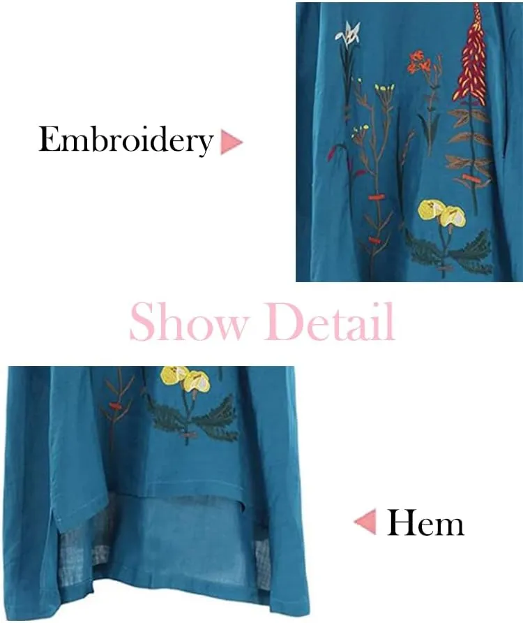Minibee Women's Embroidered Linen Dress Summer A-Line Sundress Hi Low Tunic Clothing