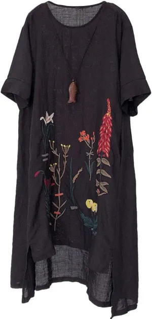 Minibee Women's Embroidered Linen Dress Summer A-Line Sundress Hi Low Tunic Clothing