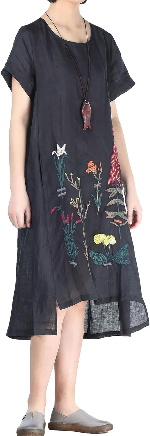 Minibee Women's Embroidered Linen Dress Summer A-Line Sundress Hi Low Tunic Clothing