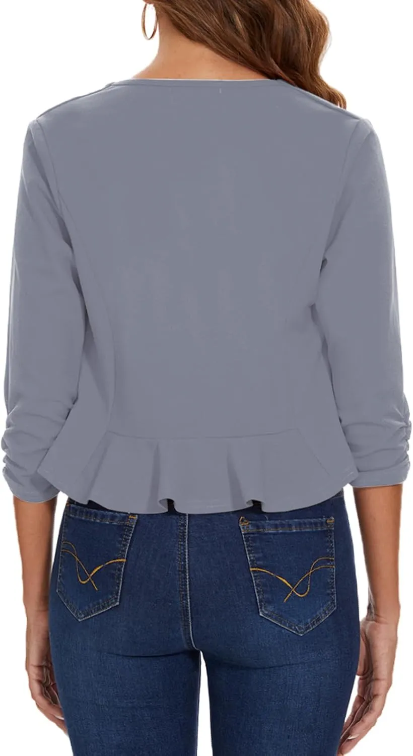 MINTLIMIT Cropped Blazer for Women 3/4 Ruched Sleeve Collarless Open Front Casual Work Office Cardigan Suit Jacket