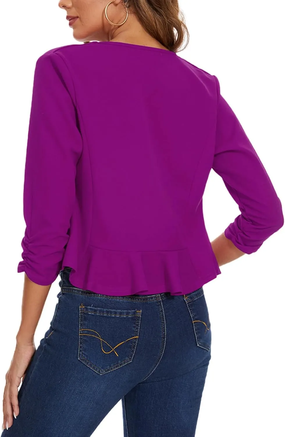 MINTLIMIT Cropped Blazer for Women 3/4 Ruched Sleeve Collarless Open Front Casual Work Office Cardigan Suit Jacket