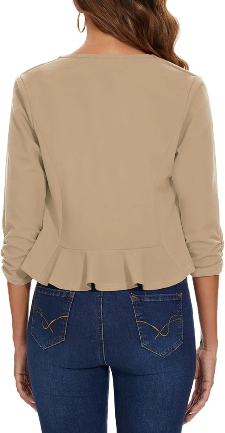 MINTLIMIT Cropped Blazer for Women 3/4 Ruched Sleeve Collarless Open Front Casual Work Office Cardigan Suit Jacket