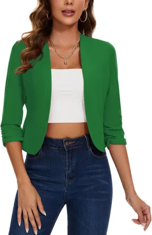 MINTLIMIT Cropped Blazer for Women 3/4 Ruched Sleeve Collarless Open Front Casual Work Office Cardigan Suit Jacket