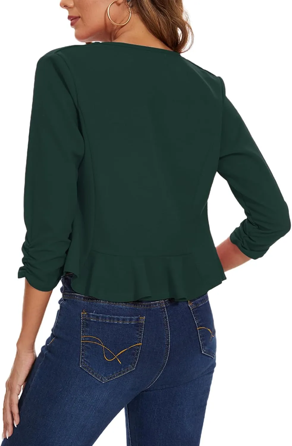 MINTLIMIT Cropped Blazer for Women 3/4 Ruched Sleeve Collarless Open Front Casual Work Office Cardigan Suit Jacket