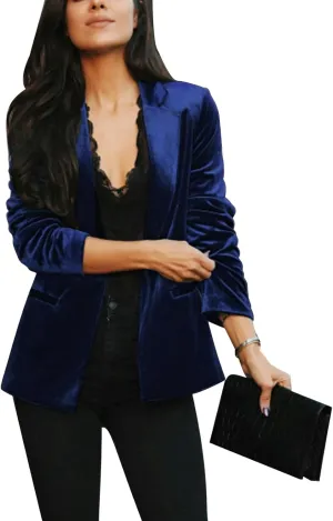 MINTLIMIT Women's Velvet Blazer Notched Lapel Button Front Suit Jacket Tailored Jacket Coat with Pockets,M,Royal Blue