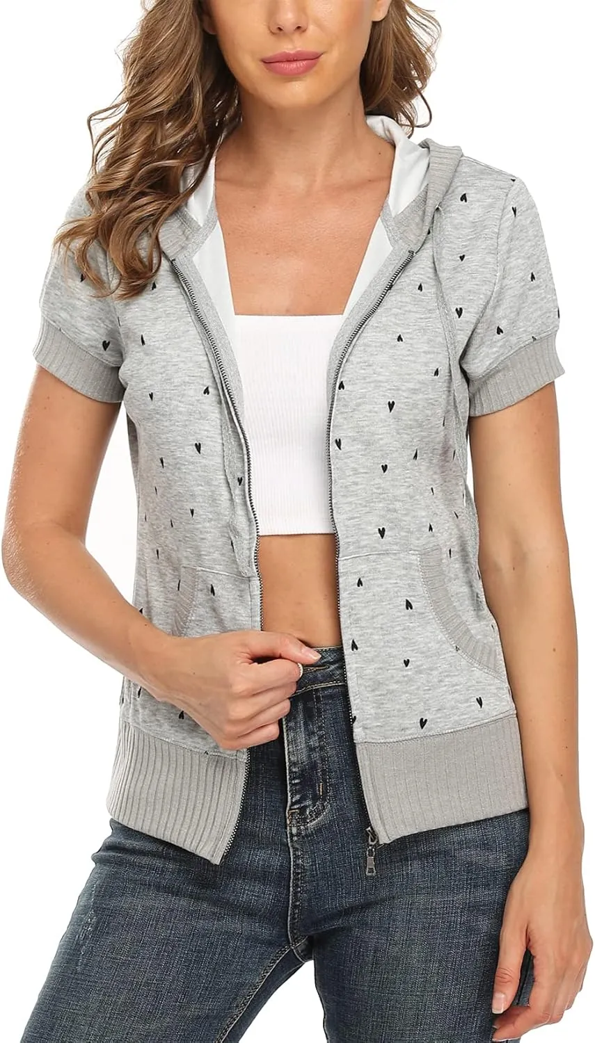MISS MOLY Women Short Sleeves Hoodie Jacket Full Zip Up Lightweight Sweatshirt Casual