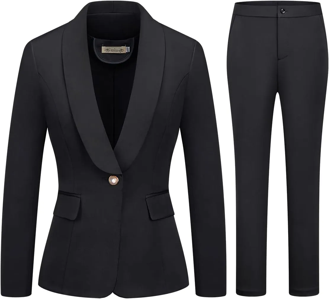 MODFUL Women's 2 Piece Business Suit Set One Button Solid Color Blazer Trouser Suit