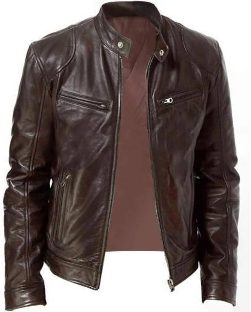 Motorcycle Leather Jacket for Men Quilted Cafe Racer Leather Jackets Lightweight Faux Leather Outwear