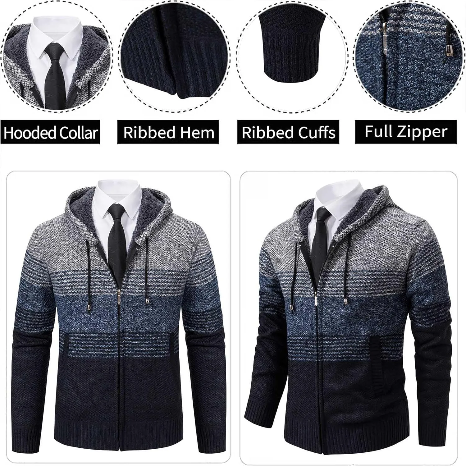Mylldey Mens Hoodies Knit Sweater, Full Zip Fleece Lined Cardigan Sweaters Casual Regular Fit Knit Hooded Men Sweater Jacket