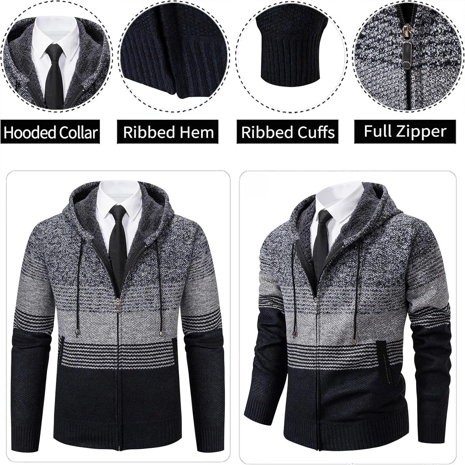 Mylldey Mens Hoodies Knit Sweater, Full Zip Fleece Lined Cardigan Sweaters Casual Regular Fit Knit Hooded Men Sweater Jacket