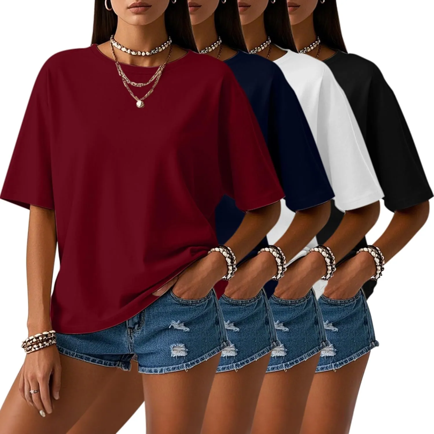 Neer 4 Pack Women's Half Sleeve Top Elbow Length T Shirt Women Round Neck Basic Cotton Tee Summer Casual Blouses