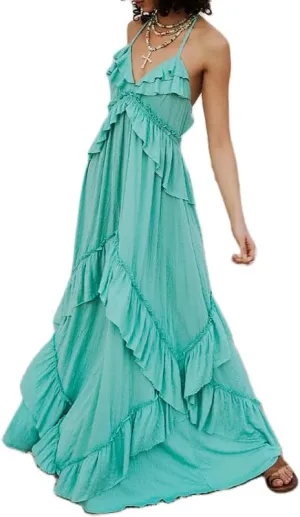 NUFIWI Sexy V Neck Backless Asymmetrical Ruffle Maxi Dress Halter Neck Sleeveless Long Dress Cutout Flowy Tiered Sundresses
