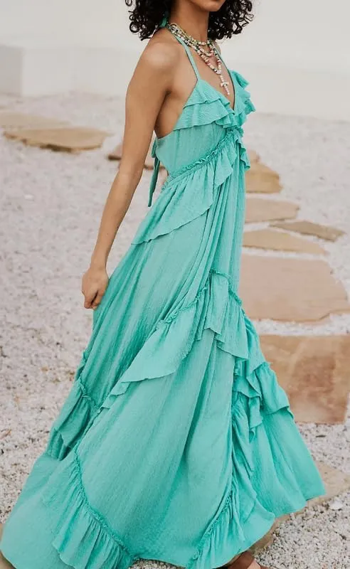 NUFIWI Sexy V Neck Backless Asymmetrical Ruffle Maxi Dress Halter Neck Sleeveless Long Dress Cutout Flowy Tiered Sundresses
