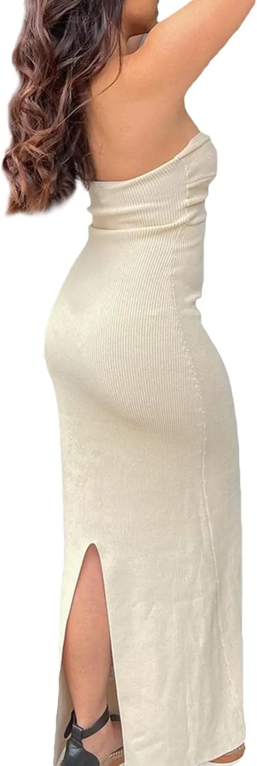 NUFIWI Womens Sexy Knitted Cut Out Spaghetti Strap Long Dresses Halter Neck Backless Maxi Dress Club Party Y2K Streetwear