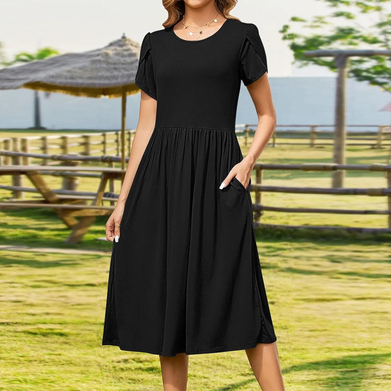 Olive Casual A-Line Dress for Women Short Sleeve with Pockets Summer Midi Dress