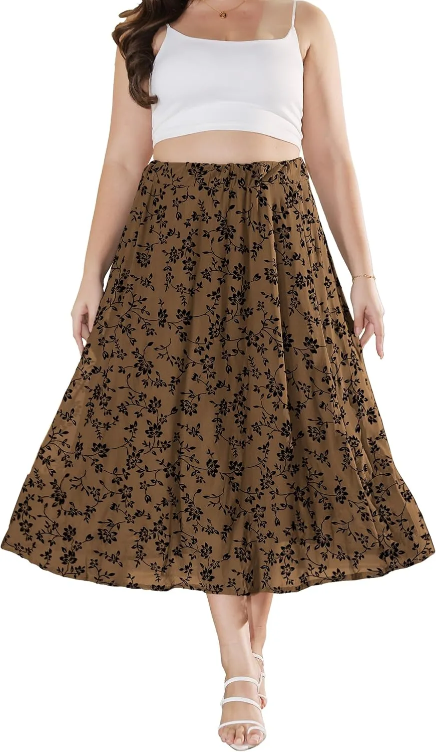Othyroce Women's Plus Size Maxi Skirt A-Line Floral High Waisted Flowy Summer Long Skirt 3D Posy Double-Layered Midi Skirt