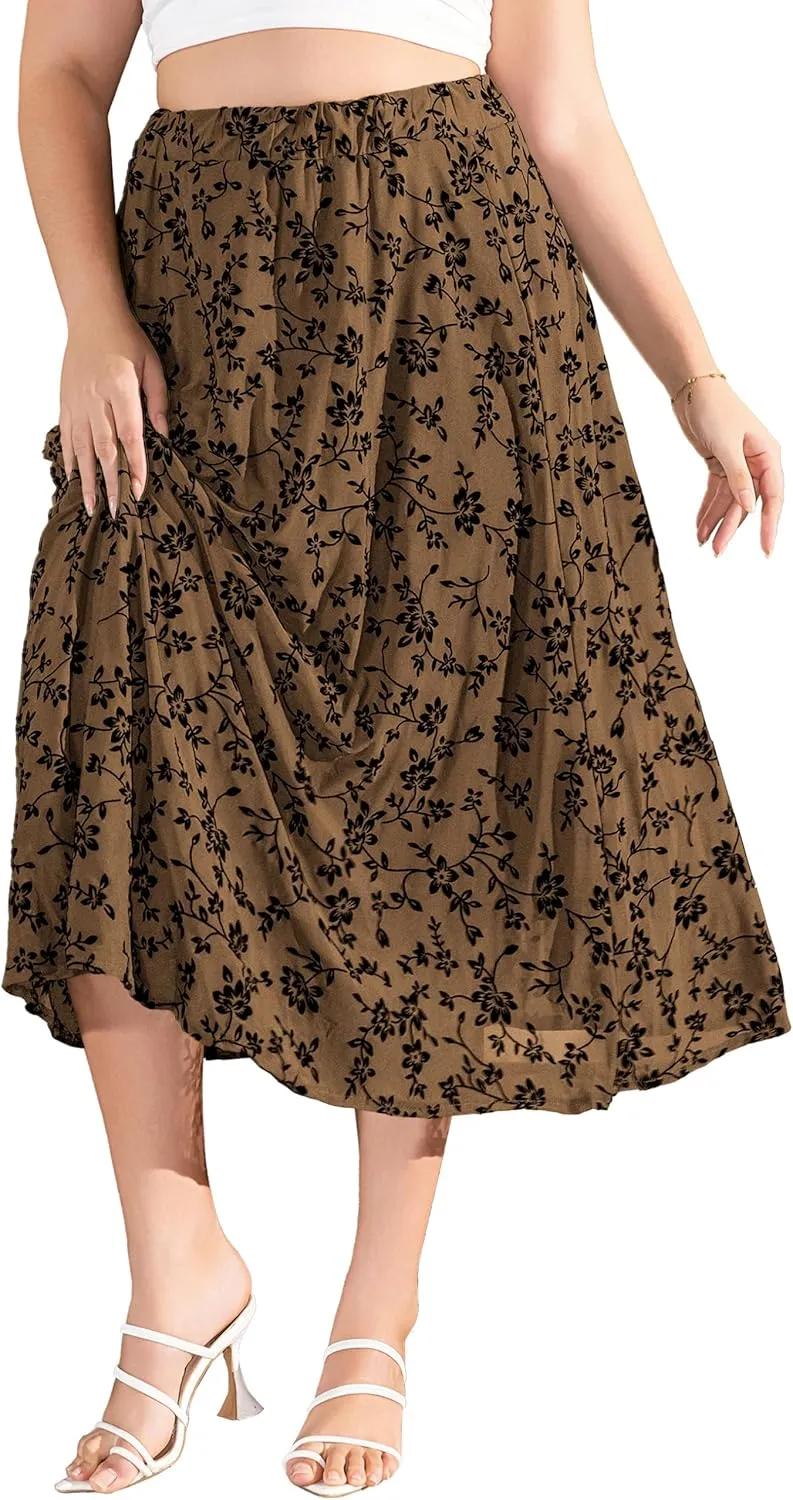 Othyroce Women's Plus Size Maxi Skirt A-Line Floral High Waisted Flowy Summer Long Skirt 3D Posy Double-Layered Midi Skirt