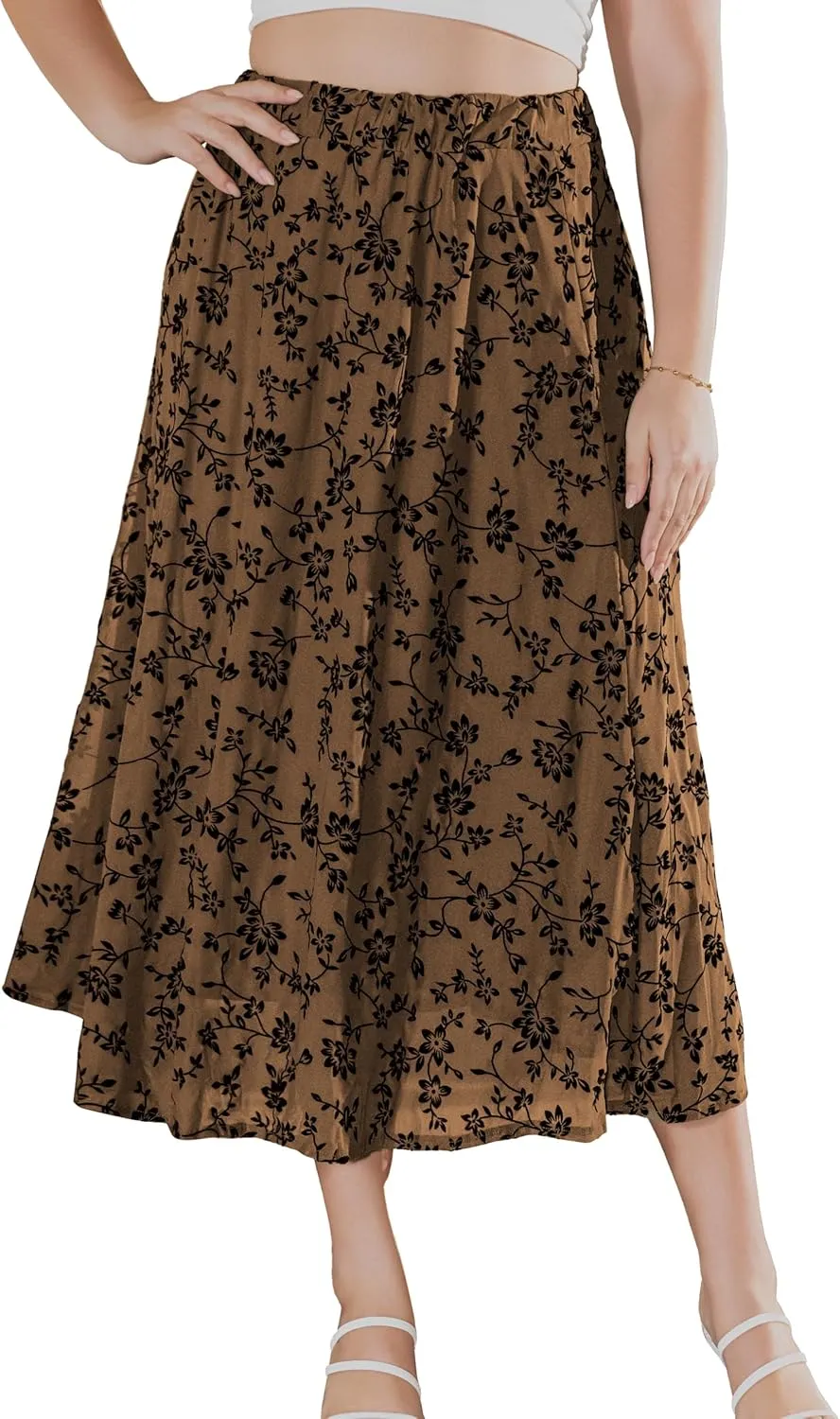 Othyroce Women's Plus Size Maxi Skirt A-Line Floral High Waisted Flowy Summer Long Skirt 3D Posy Double-Layered Midi Skirt