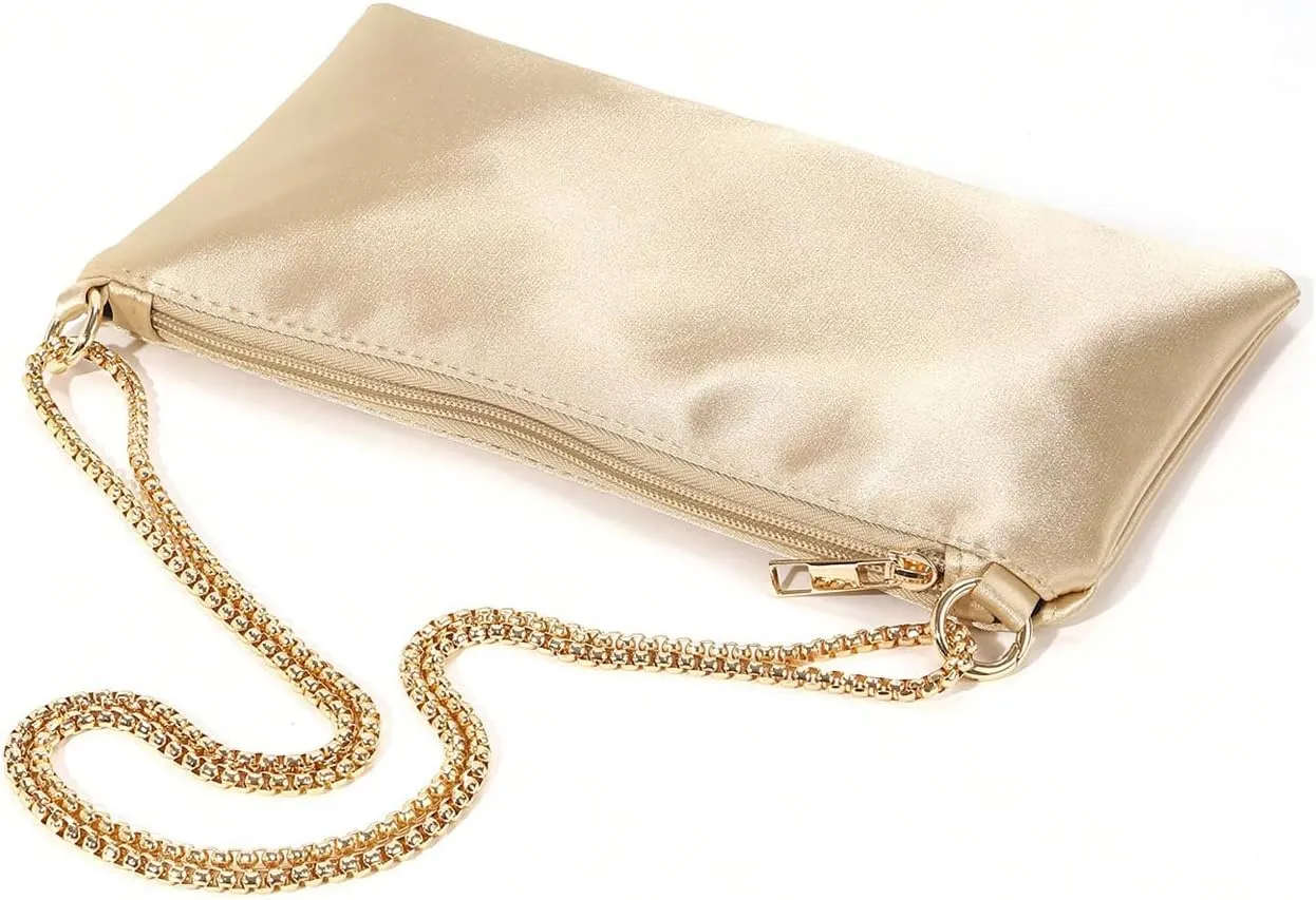 OYOANGLE Women's Metallic Chain Shoulder Bag Satin Evening Purse Tote Bags Zipper Formal Clutch Handbags