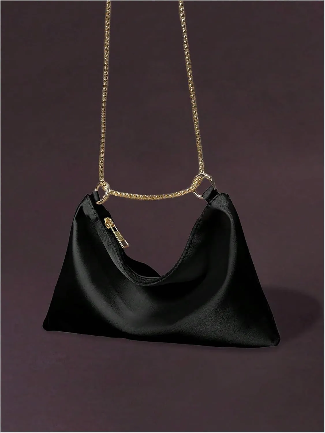 OYOANGLE Women's Metallic Chain Shoulder Bag Satin Evening Purse Tote Bags Zipper Formal Clutch Handbags