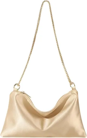 OYOANGLE Women's Metallic Chain Shoulder Bag Satin Evening Purse Tote Bags Zipper Formal Clutch Handbags