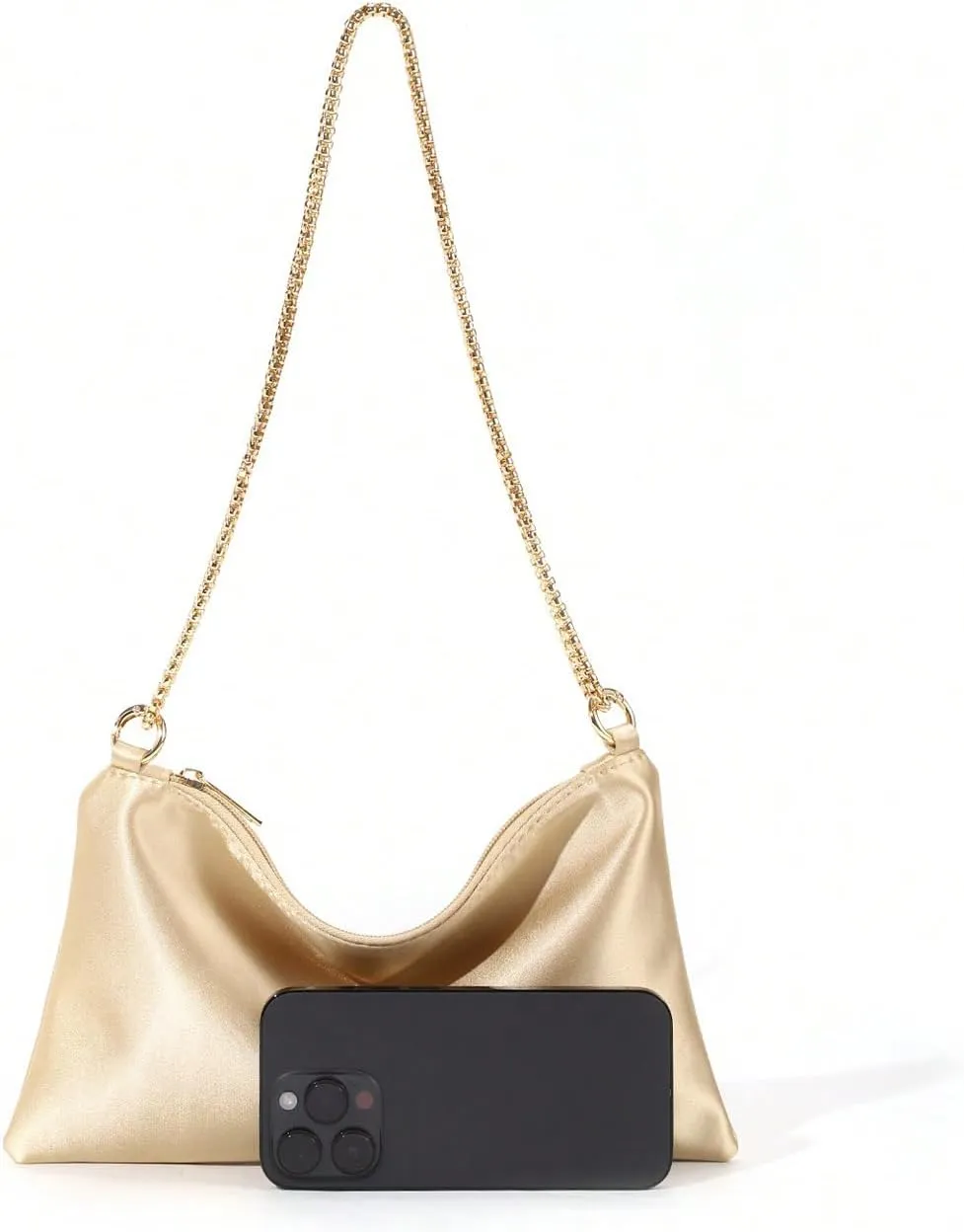 OYOANGLE Women's Metallic Chain Shoulder Bag Satin Evening Purse Tote Bags Zipper Formal Clutch Handbags