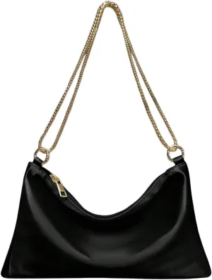 OYOANGLE Women's Metallic Chain Shoulder Bag Satin Evening Purse Tote Bags Zipper Formal Clutch Handbags