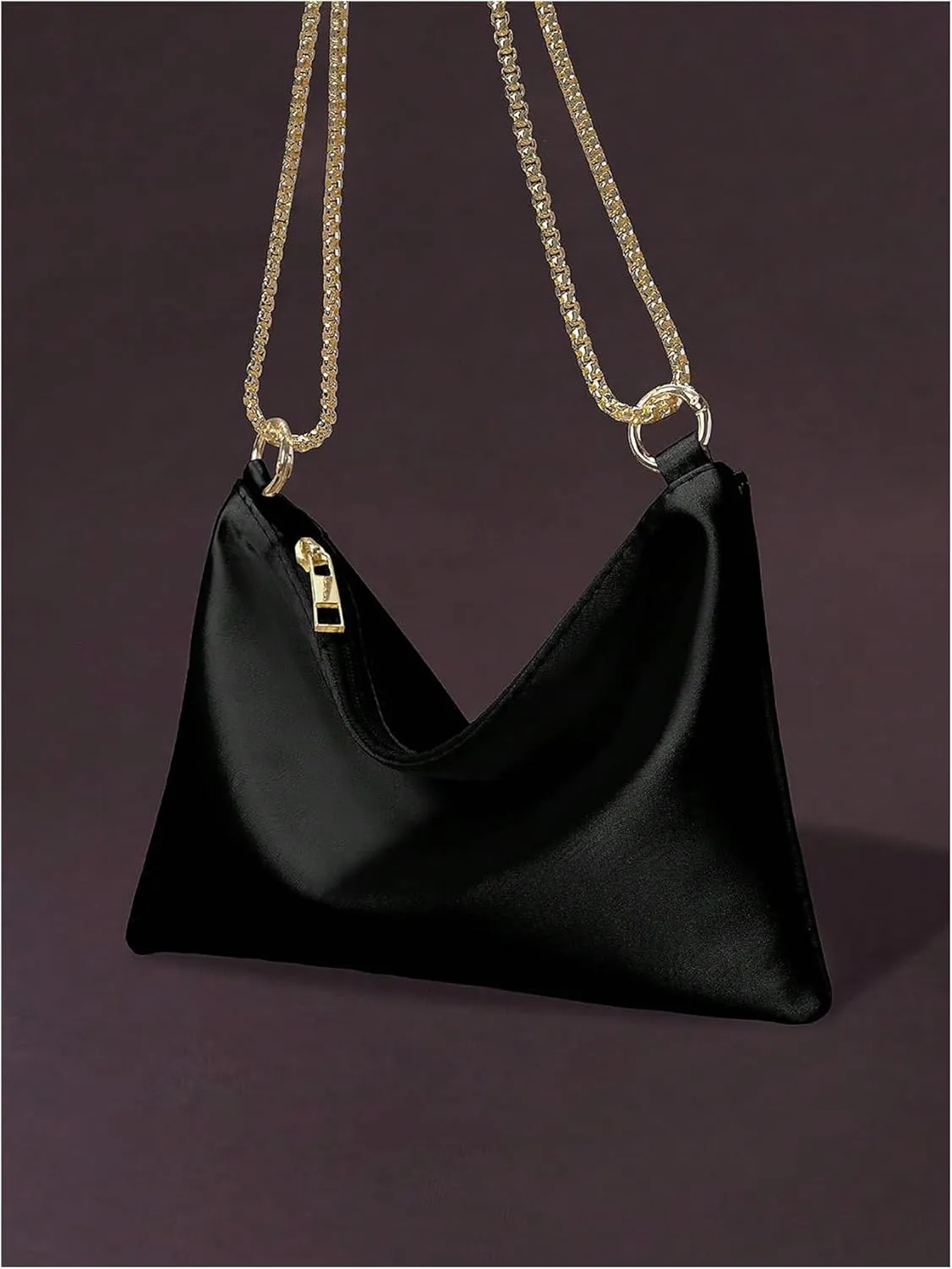 OYOANGLE Women's Metallic Chain Shoulder Bag Satin Evening Purse Tote Bags Zipper Formal Clutch Handbags