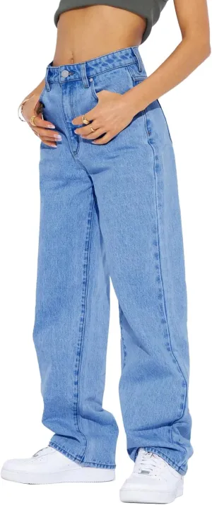 PLNOTME Women's High Waisted Boyfriend Baggy Jeans Straight Leg Casual Denim Pants
