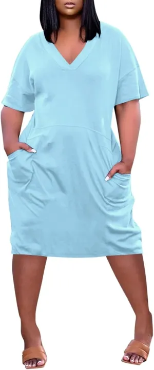 Plus Size Dresses for Curvy Women Spring V Neck Short Sleeve Casual Summer Dress Loose Beach Midi Dress with Pockets