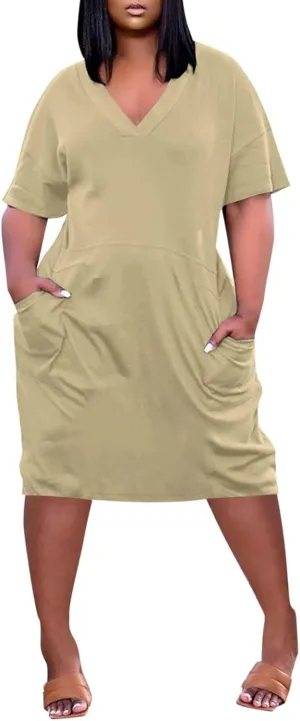 Plus Size Dresses for Curvy Women Spring V Neck Short Sleeve Casual Summer Dress Loose Beach Midi Dress with Pockets